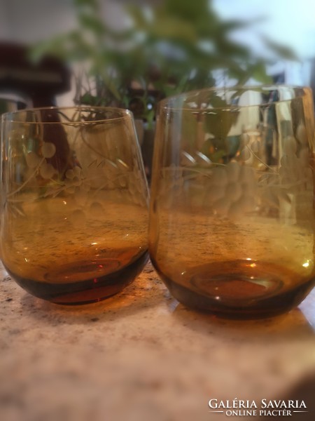 Amber colored engraved glass glasses 2 in one