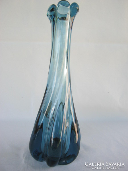 Retro ... Large blue heavy thick glass vase 26 cm