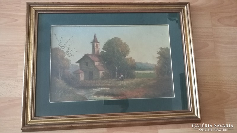 Tájkép templommal, olaj, fa 47x63 cml.( olasz v osztrák festő ) -