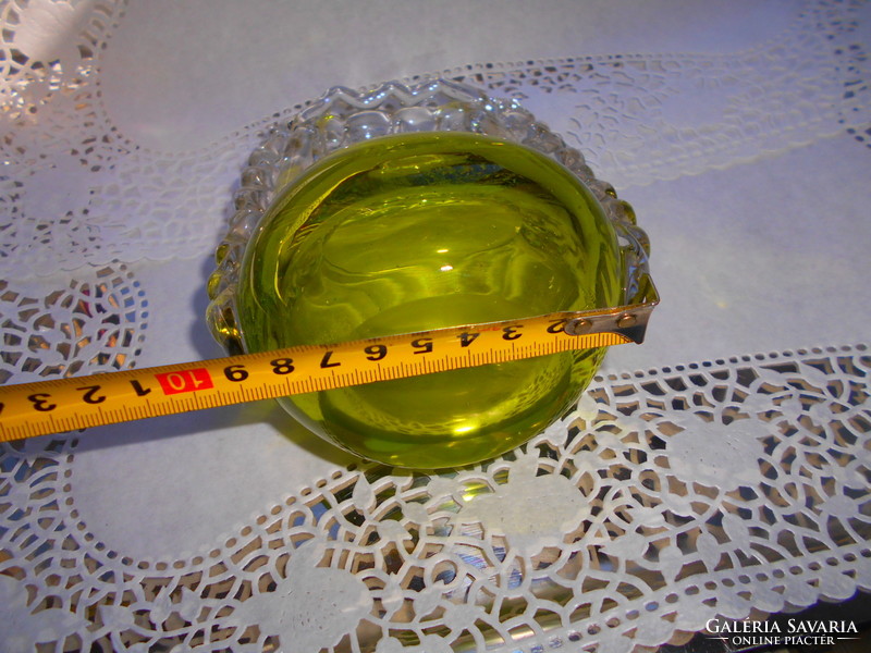 Uránzöld színű vastag üvegkosár  édességkínáló - szép kézműves, masszív darab.