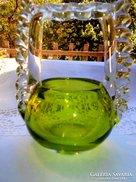 Uranium green colored thick glass basket candy dispenser - beautiful handcrafted, solid piece.