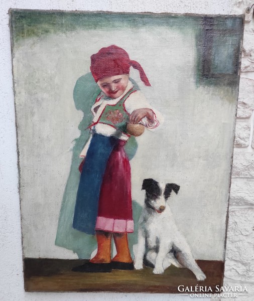 Beautiful antique painting in beautiful colors, little girl with dog (terrier) fox.