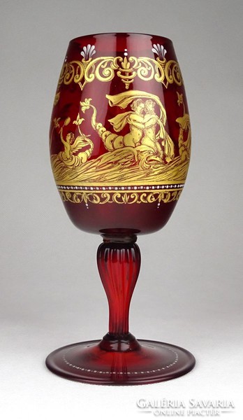 1F630 Antik aranyozott talpas üveg pohár kézzel festett görög mitológiai jelenettel