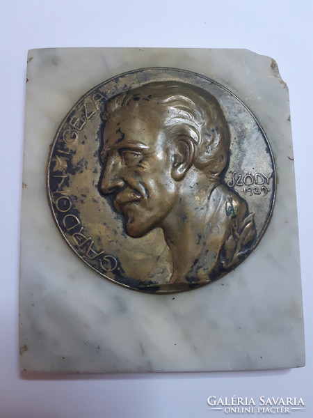 Jelzett Sződy Szilárd: Gárdonyi Géza bronz emlékplakett 1929 márvány lapon