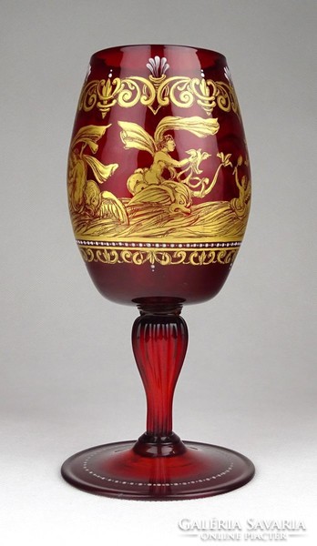 1F630 Antik aranyozott talpas üveg pohár kézzel festett görög mitológiai jelenettel