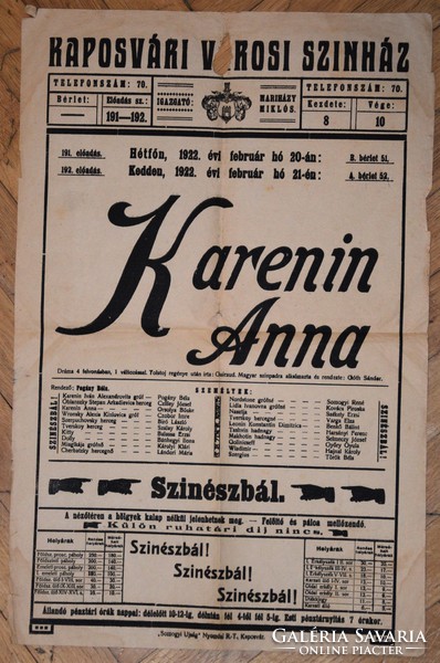Kaposvári Városi Színház "Karenin Anna" A/3 plakát 1922-ből