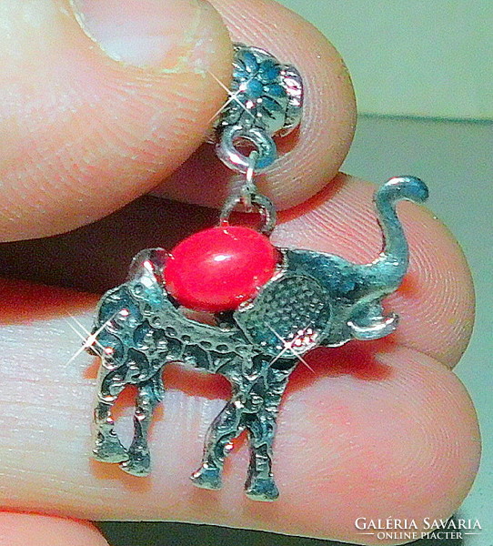 Coral mineral stone ornate elephant Tibetan silver pendant