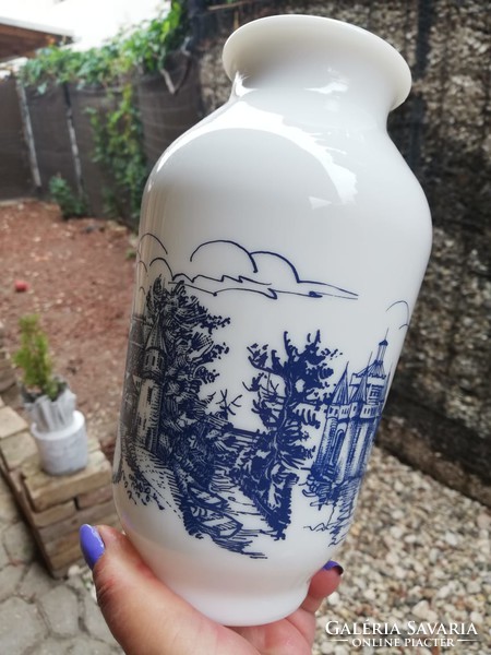 Milk glass vase with houses and windmill pattern 22 cm