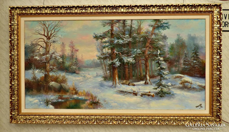 Czinege Zzolt large-scale winter landscape 103x182 cm. Beautiful oil painting
