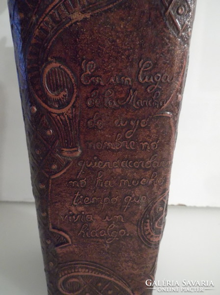 Bottle - glass - genuine leather cover - miguel de cervantes - with picture - quote - 0.5 l bottle - old