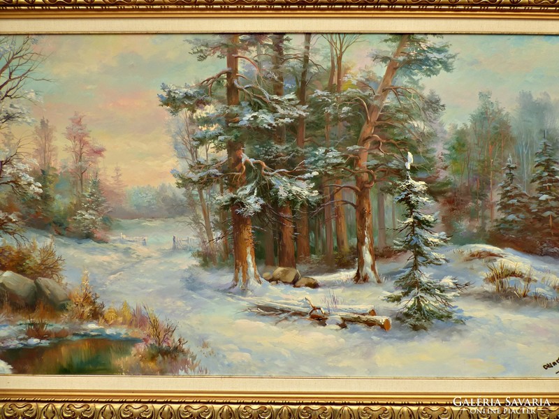 Czinege Zzolt large-scale winter landscape 103x182 cm. Beautiful oil painting
