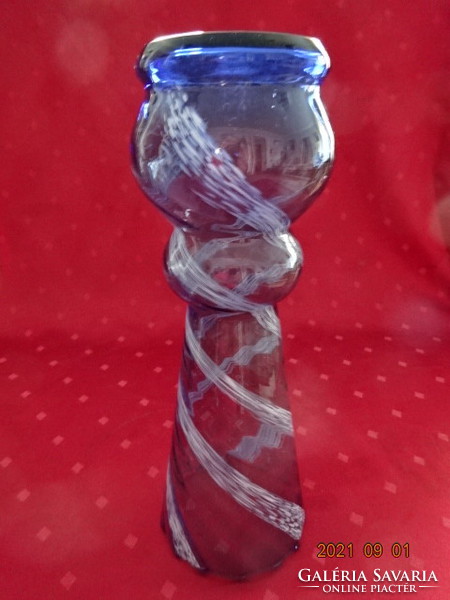 Kék üveg váza,német  fehér csavart csíkkal, magassága 30 cm. Vanneki!