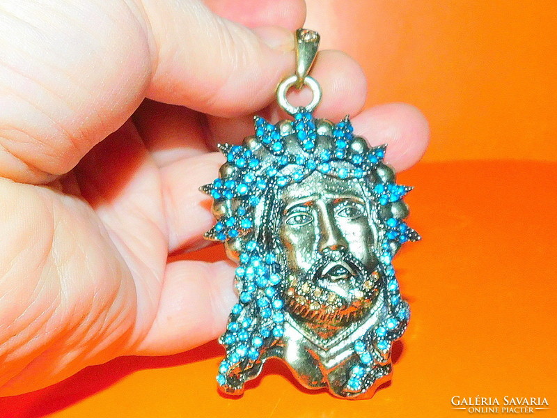 Jesus Christ portrait with turquoise crystal stony vintage pendant