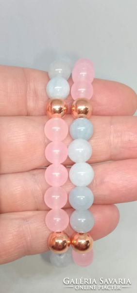 Women's mineral bracelet set with aquamarine and rose quartz made of 8 mm beads