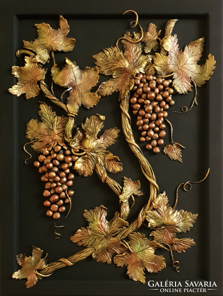 Grapes, painted relief, plaster, clay wood, 41 cm x 55 cm