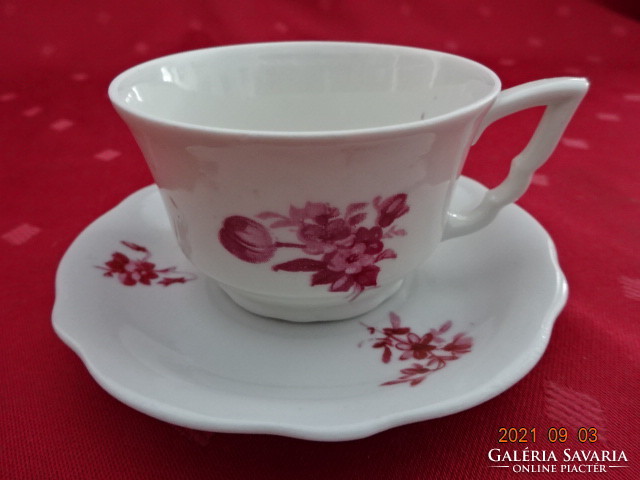 Zsolnay porcelán manófüles kávéscsésze + alátét, antik, pajzspecsétes, bordó virágos. Vanneki!