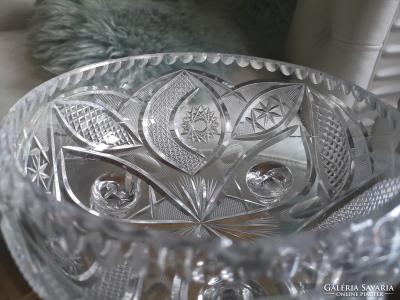 Crystal serving bowl 24 cm, hand-polished, damaged, tow on the rim