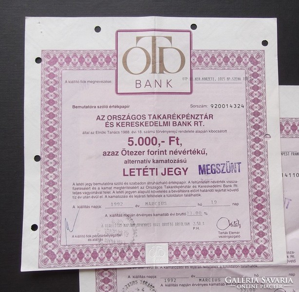 OTP Bank 5000 Ft névértékű alternatív kamatozású Letéti jegy 1992 (2 db)