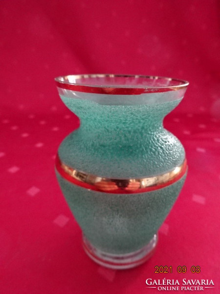 Glass vase with green granular coating, gold stripe, height 9 cm. He has! Jókai.