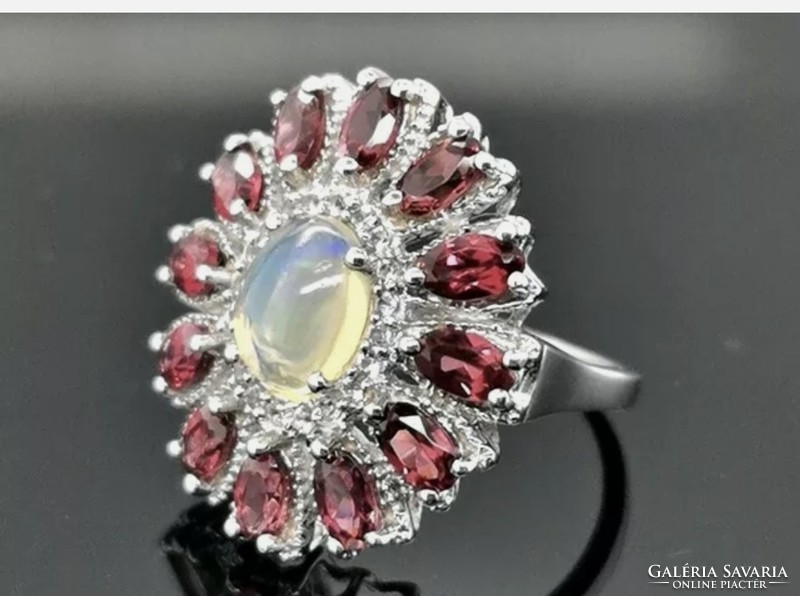 Mesés rodolit és etióp opál, fehér topáz   drágaköves gyűrű, 54 méret   925 ezüst  új