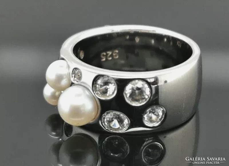 Mesés gyöngyös ès cirkónium   drágaköves gyűrű, 50 méret   925 ezüst  új