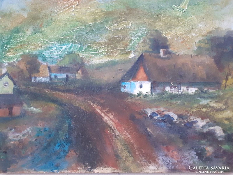 Row of village houses, old oil-fiber, unknown