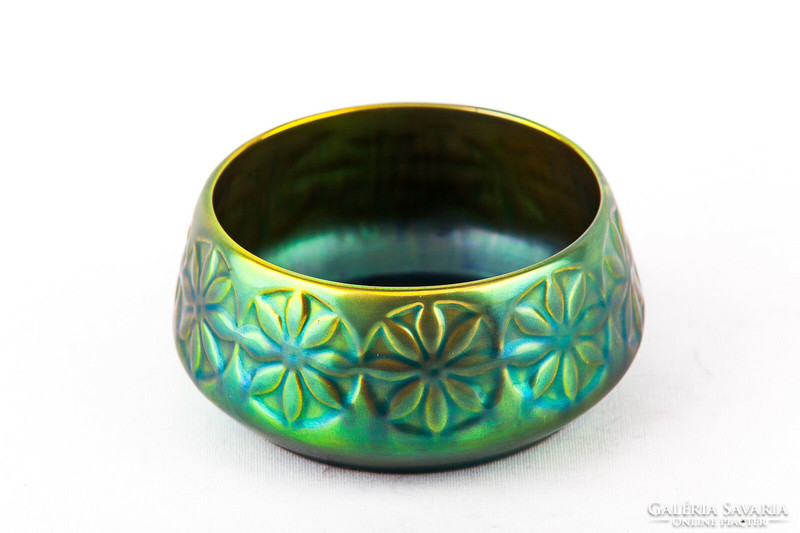 Zsolnay, circular art deco eosin green gold porcelain basket, flawless! (P175)