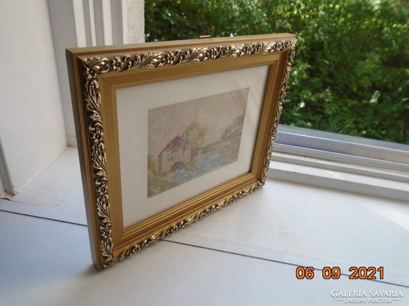 Ornate flawless old gilded blonde rama with needle tapestry