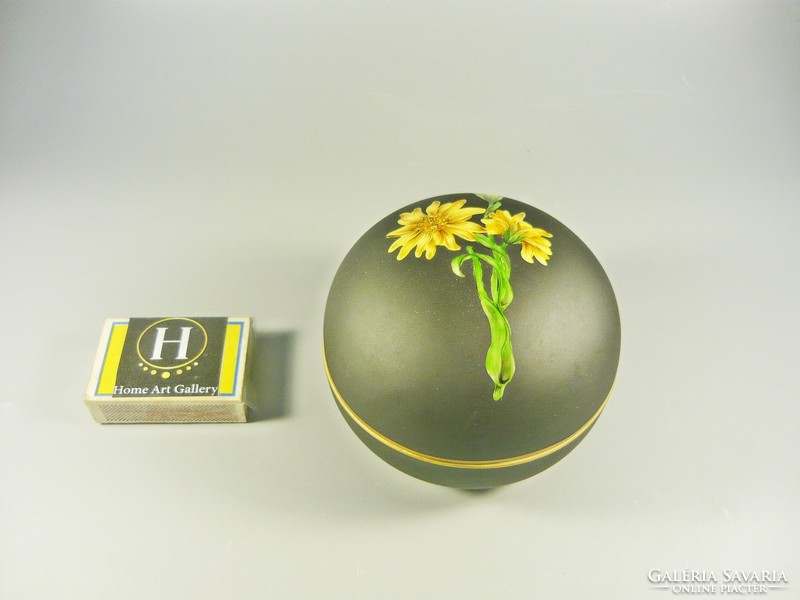 Herend, antique black bonbonier with yellow flowers 9 cm. , 1940, Flawless! (B068)
