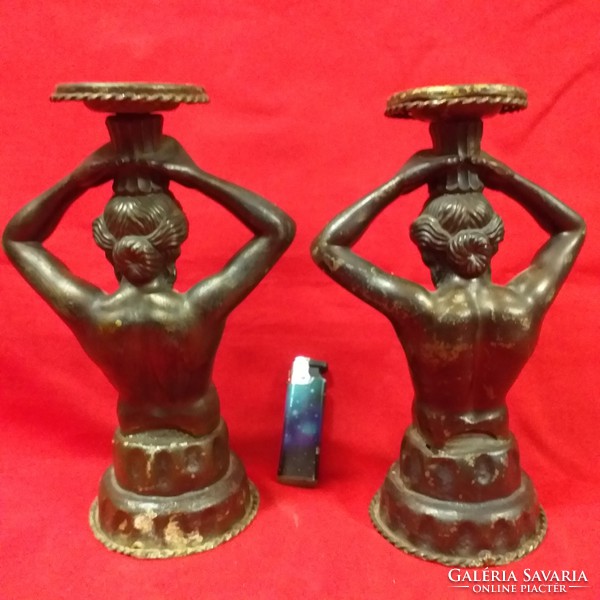 Antique copper, bronze female nude lamp, pair of candle holders.