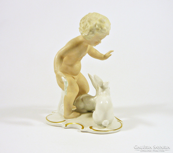 Schaubach kunst, putto little boy with two rabbits 13.7 Cm hand painted porcelain figurine, flawless! (P192)