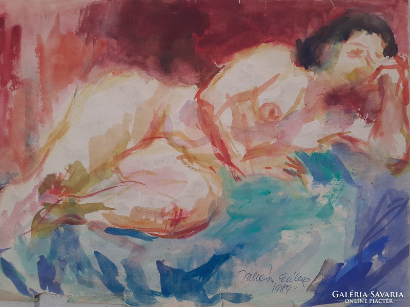 Juhász Erika: kétoldalas, Könyöklő női akt és álló nőalak, eredeti jelzett akvarell karton, 1989