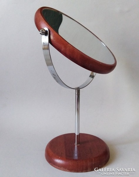 Elegáns asztali, két oldalas fa/fém forgótükör, 1980as 1990es évek