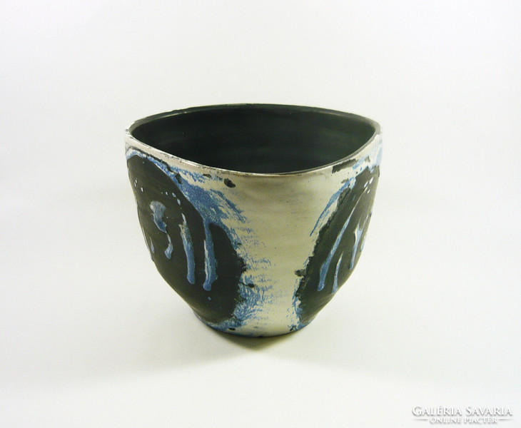 Gorka lívia, retro 1950 dark blue, black, white artistic ceramic pot, flawless! (G059)
