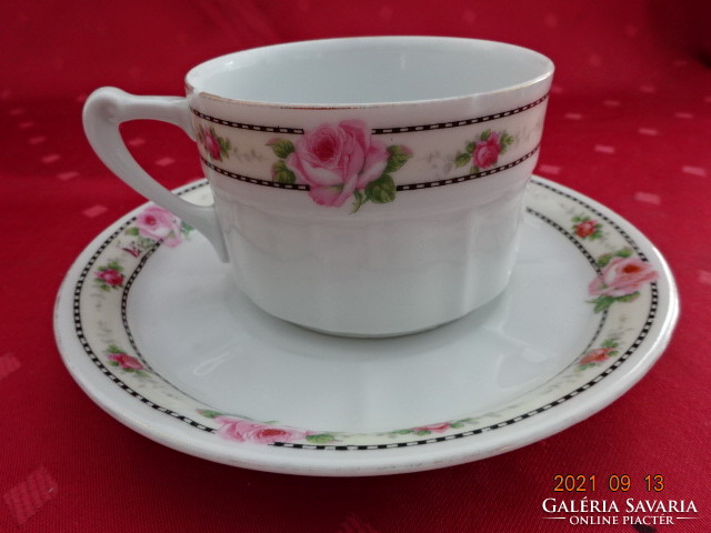 Csehszlovák porcelán teáscsésze + alátét, antik, rózsa mintás. Vanneki!