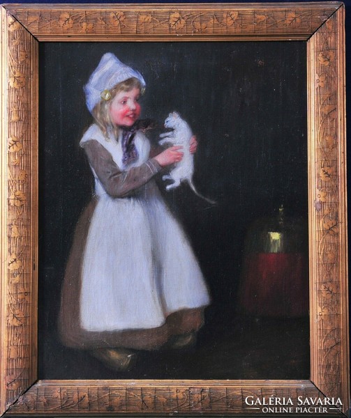 Ismeretlen művész, Kislány macskával játszik