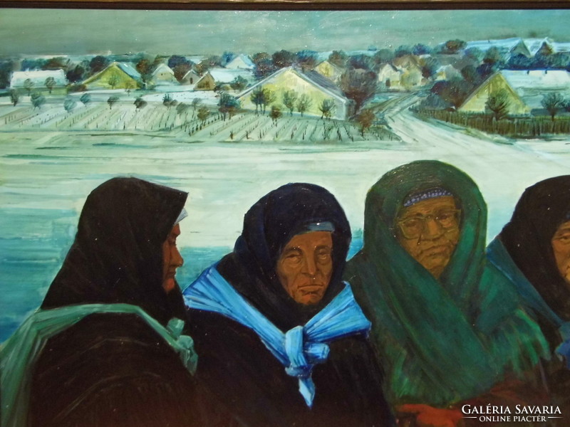 Cseh Gábor (1941-) Várakozók c. nagy méretű festménye 1985 - Szekszárd Sióagárd Leányvár