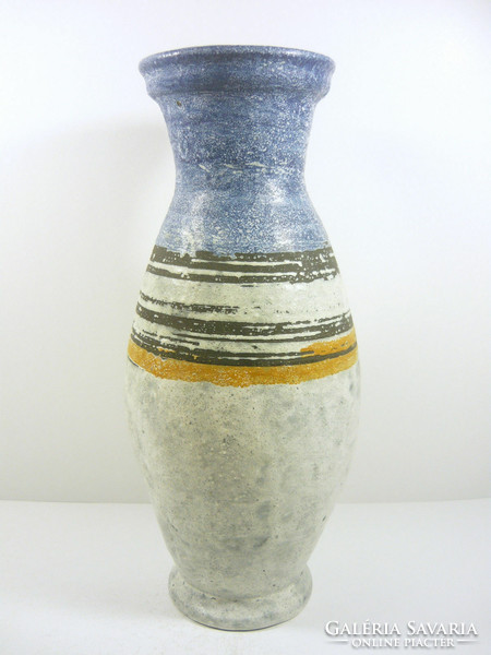 Gorka lívia, retro 1960 white and blue striped 31.8 Cm artistic ceramic vase, flawless! (G051)