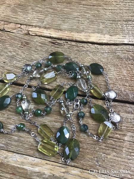 Long silver necklace with citrine, jade jade, true pearl stones