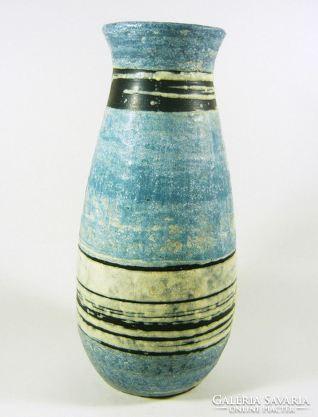 Gorka lívia, retro 1960 white and blue striped 28 cm artistic ceramic vase, flawless! (G058)