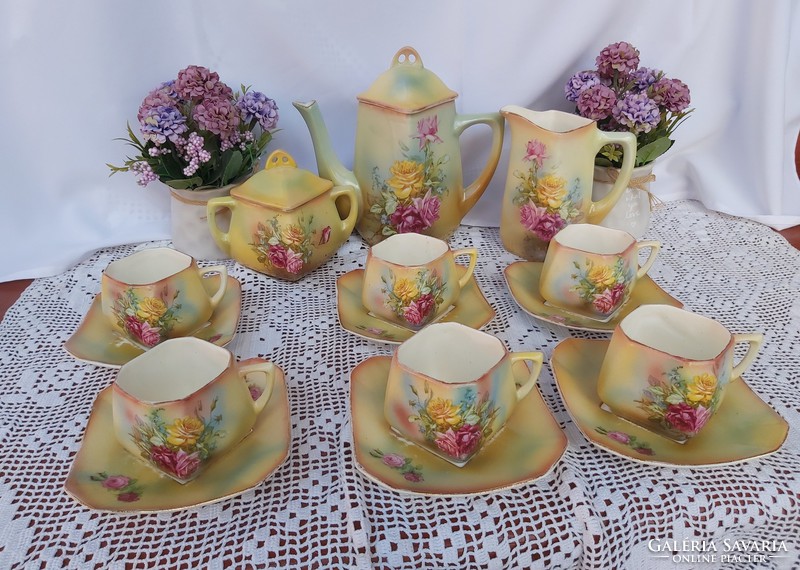 Extra ritka fajansz rózsás virágos teáskészlet Gyönyörű Gyűjtői darab teáskanna csésze cukortartó