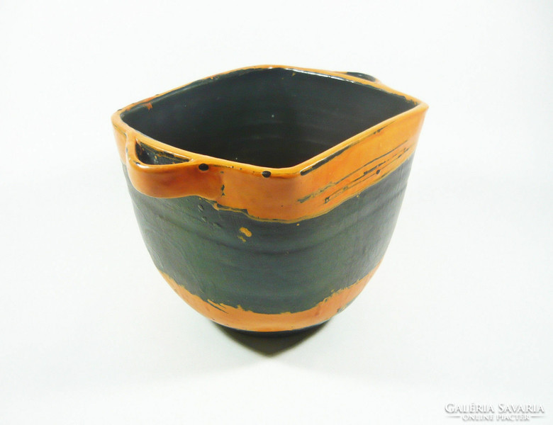 Gorka lívia, retro 1950 black & orange 22.6 Cm artistic ceramic pot, flawless! (G084)