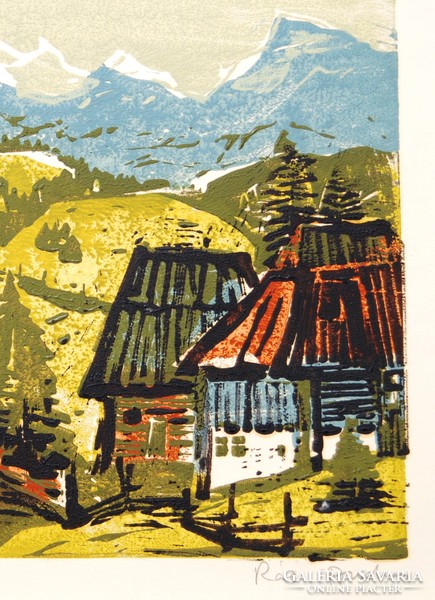 András Rác (1926-2013): between mountains - colored linoleum engraving