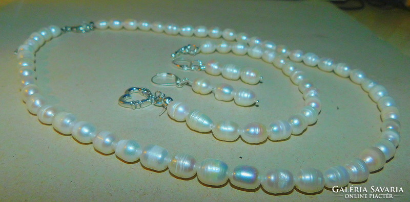 Off-White Japanese Biwa Genuine Pearl Jewelry Set - Necklace Bracelet - Earring Set