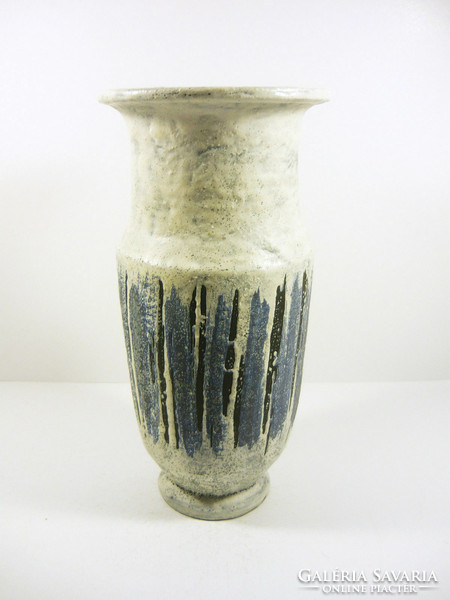 Gorka lívia, retro 1960 blue & black striped white 27.7 Cm artistic ceramic vase, flawless! (G131)