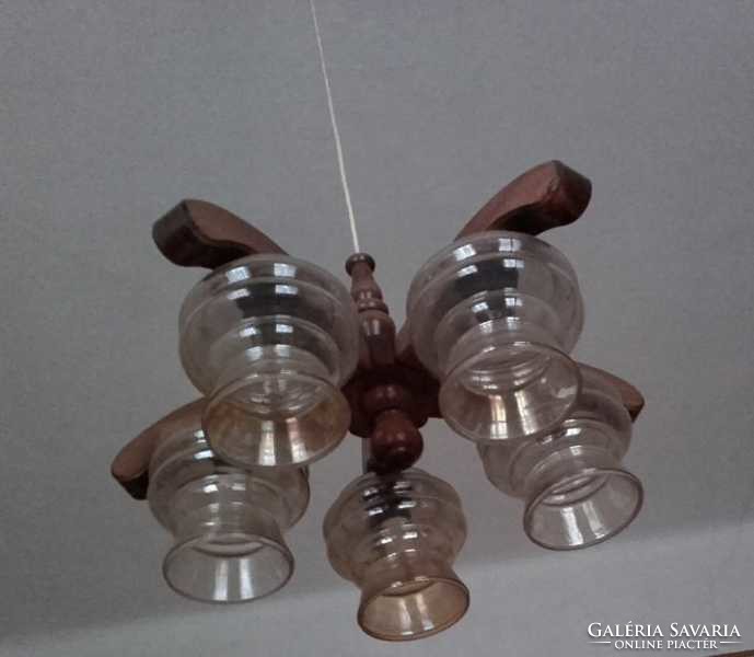 Retro deer turned wood and copper textured 5 branch glass envelope chandelier, ceiling lamp,