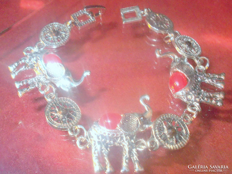 Coral mineral stone ornate elephant with Tibetan silver bracelet - safety clasp