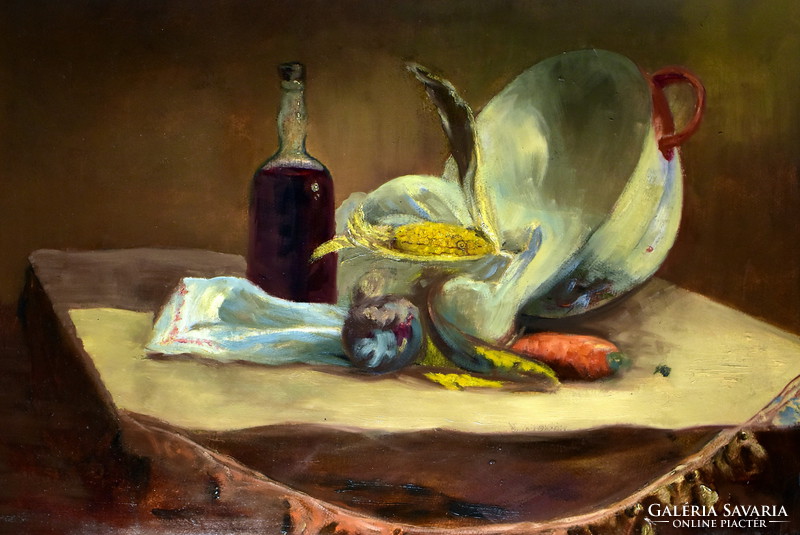 Corn still life with enamel bowl ... 1942 Es dating oil on cardboard!