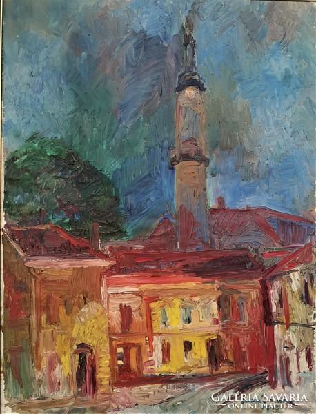 Erika Juhász's (1926-2018) oil painting of Veszprém roofs with original guarantee!