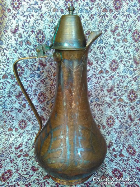 Priced down!! Antique covered copper pouring pot decorated with Persian floral ornamentation and tin plating
